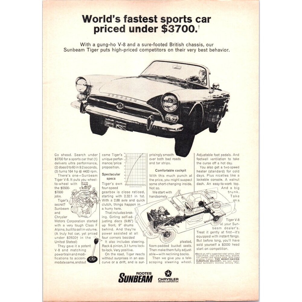 1967 Rootes Sunbeam Tiger V-8 Convertible Roadster Vintage Print Ad Wall Art
